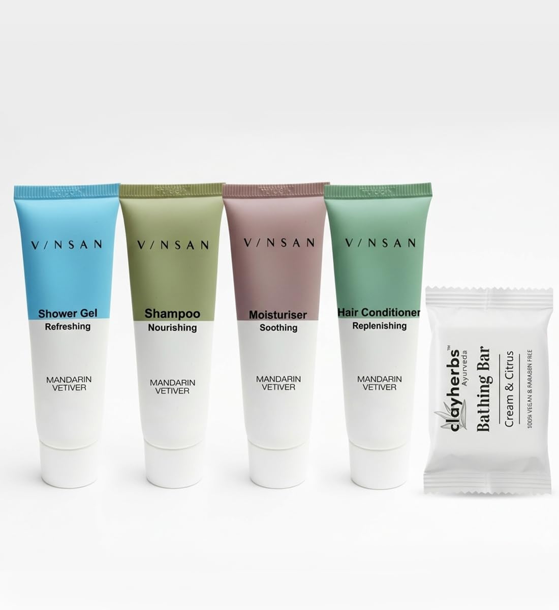 Clayherbs Vinsan Luxury Hotel Toiletries Set Bulk Travel Size (15ml Shampoo, Conditioner, Shower Gel, Moisturizer & 15g Bathing Bar) - Mandarin Vetiver Scent - 100% Vegan & Paraben-Free - Perfect for Airbnb, Resorts & Guest Rooms (125)-image-1