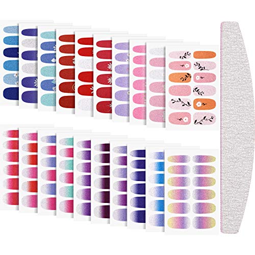 20 Sheets Nail Polish Stickers Self-adhesive Full Nail Wraps Gradient Nail Wraps Flower Nail Strips with Nail File for Women Girls DIY Nail Art Decoration, Assorted Colors
