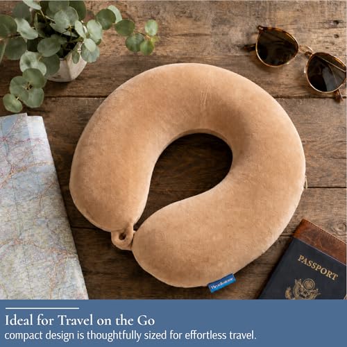 Image of Brookstone Travel Neck Pillow - Lightweight U-Shaped Memory Foam Travel Pillow for Airplane, Car Travels & Sleeping, Khaki