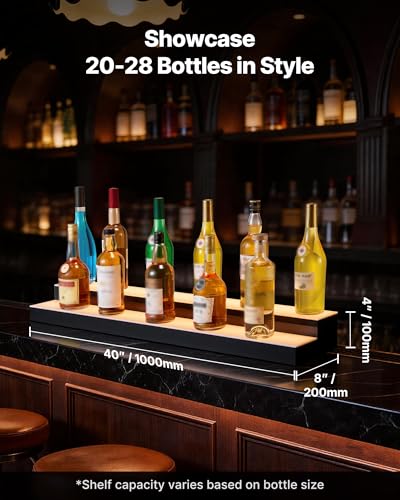 Image of VEVOR LED Lighted Liquor Bottle Display, 2 Tiers 40 inches, Supports USB, Acrylic Illuminated Home Bar Shelf Display with RF Remote & App Control, 9 Static Colors, Timing Mode, for 20-28 Bottles