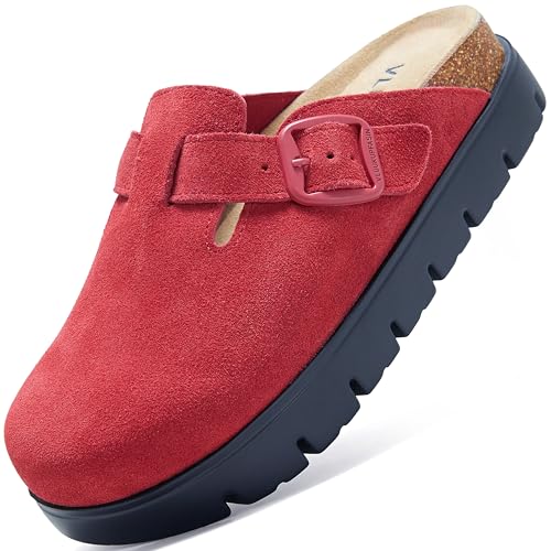 Image of Women's Suede Platform Clogs Leather Mules Slip On Indoor Outdoor Shoes | Arch Support, Cork Footbed, Adjustable Buckle,All Day Comfort