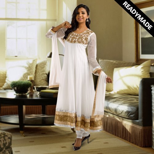 Buy Readymade White net anarkali suit 