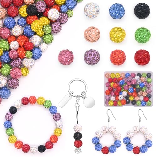 Mispudin 100 Pcs Perles de Boule Disco, 10mm Perle Ronde Strass Clay beads, Perles Shamballa Strass, 10 Couleurs Perle Cristal Argile pour Bracelet Collier Partie...