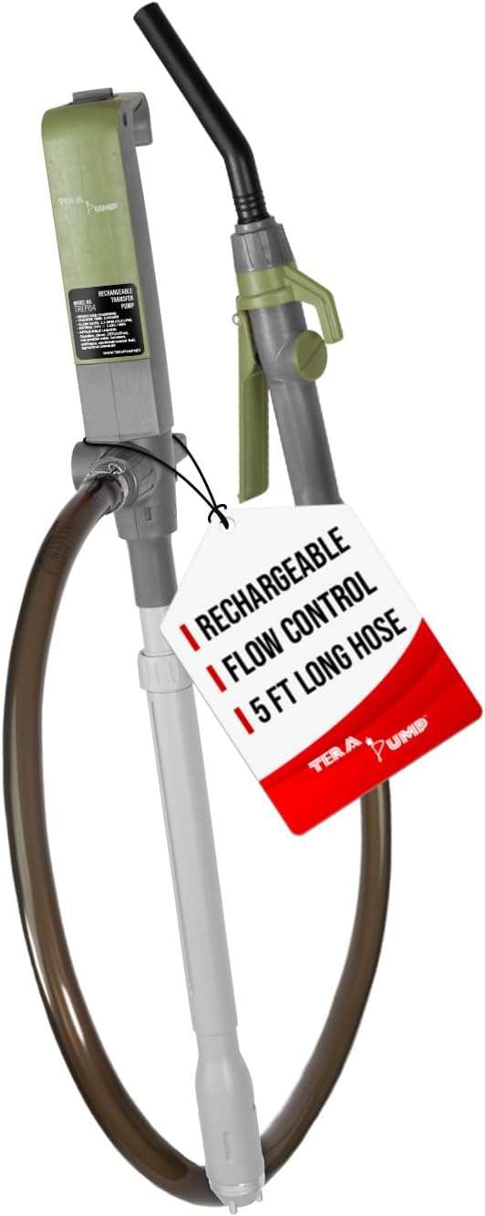 TeraPump Rechargeable Battery Powered Liquid Transfer Pump - 15-20 inch Suction Tube, 3.2 GPM - 60 inch Hose with Easy Nozzle