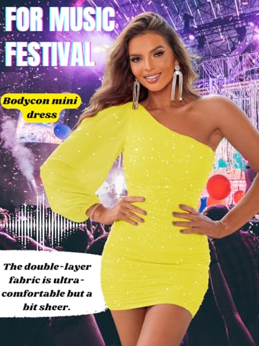 Image of ShawGobow Sparkly Outfits for Women,One Shoulder Ruched Bodycon Short Prom Dress,Sexy Dresses Cocktail Homecoming Nye