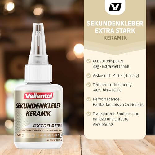 Sekundenkleber für Keramik & Porzellan extra stark 30g - Porzellankleber spülmaschinenfest, hitzebeständig & mit Nadel Verschluss gegen Austrocknung - Reparatur Kleber für Keramik, Porzellan & Ton