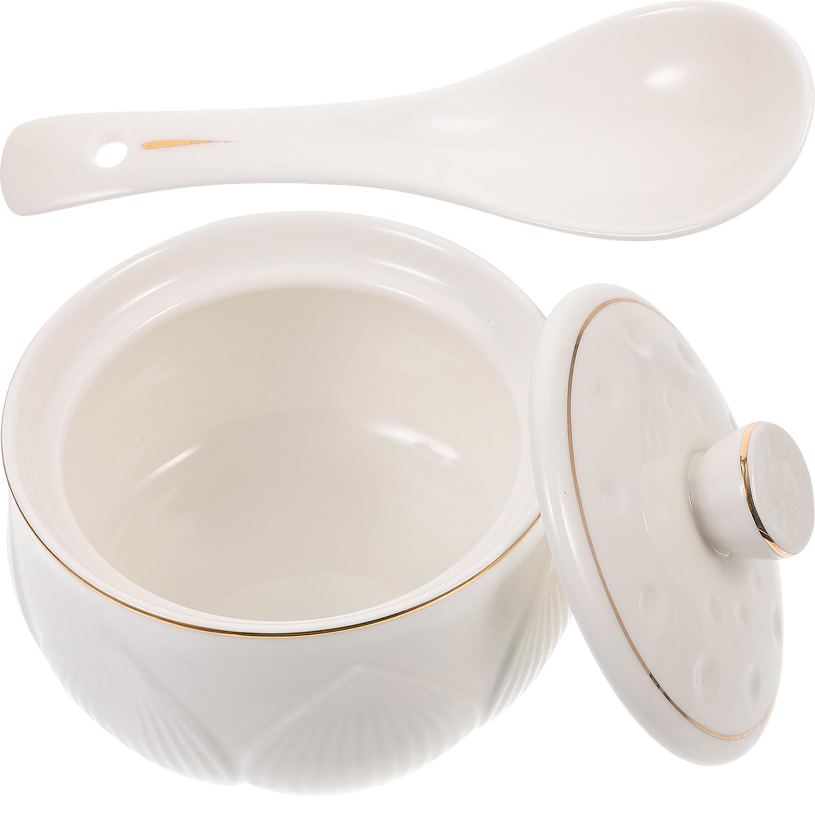 Juego de Cuencos de Cerámica Diseño Elegante y Versátil para Sopa con Tapa y Cuchara Capacidad de 330ml Adecuado para Cocinar al Vapor en Casa