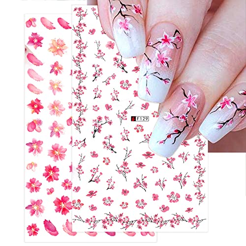 Flowers Nail Stickers, Spring Nail Decals 3D Self-Adhesive Cherry Blossom Floral Pink Spring Nail Design Manicure Diy Nail Art Decoration For Women Girls (8Sheets) #TOP4