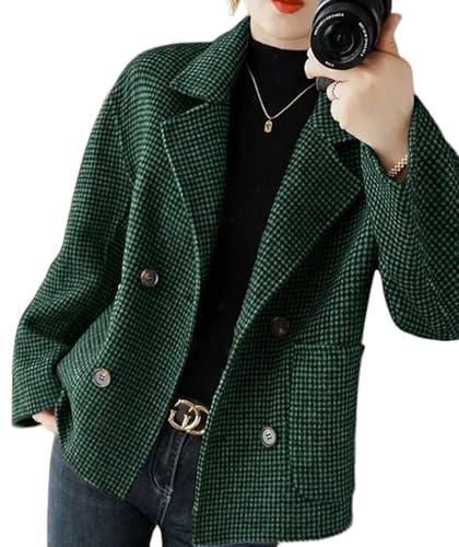 utcoco Womens Cropped Wool Coats Houndstooth Double Breasted Short Wool Pea Coat Cropped Blazer Jackets with Pocket, Green, Large