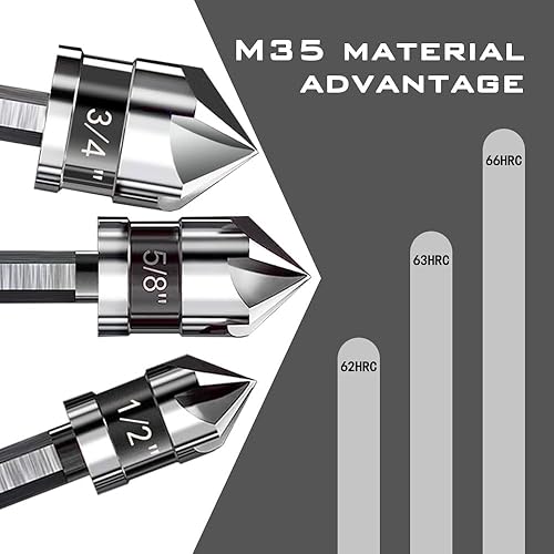 Miniatura 7 de Juego de 6 brocas avellanadoras de cobalto M35 de grado profesional, diseño de 5 flautas para metal, madera, acero inoxidable, acero al carbono,