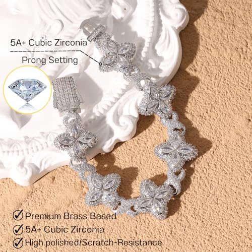 Lulu Mel Cross Infinity Charm Cuban Chain Bracelet for Men Women, Iced Out Silver Colorful Prong Setting 5A Cubic Zirconia Diamond Fashion Four-Leaf Cuban Bracelet for Rapper Gift4