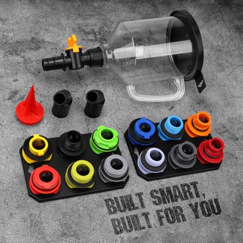 Image of 18-Piece No Spill Engine Oil Funnel Kit, 1.59QT / 1.5L Automotive Coolant Funnel Set, 12 Adapters, Elbow Fitting, Arrow Screen & Magnetic Tray, Compatible with GM, Ford, BMW, Audi, Land Rover Etc