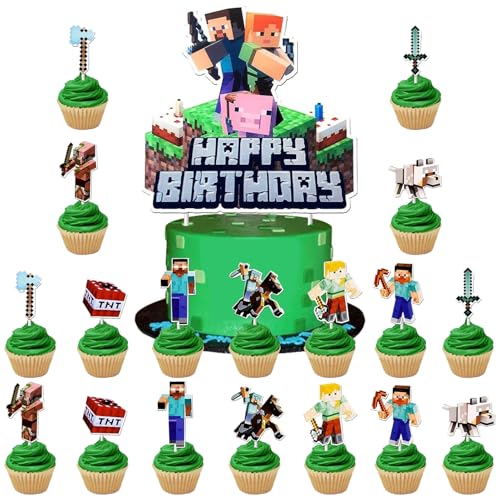 Decoración para Tartas de Cumpleaños Infantiles 19pc Minecra Decoración para Pasteles Adornos para Cupcakes Adornos Para Tartas de Cumpleaño para Niños, Fiestas Temáticas y Celebraciones