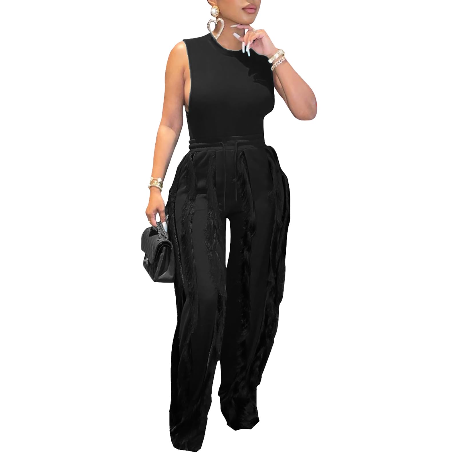 MESLIMA Workout Sets for Women 2 Piece Outfits Sleeveless Tank Top with Tassels Solid Long Pants Sweatsuit