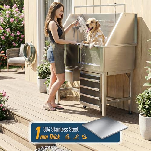 Image of 46 inch Heavy Duty Dog Washing Station - 304 Stainless Steel Pet Bathing Tub with Right Side Ramp, Elevated Grooming Sink with Storage Drawer & Removable Floor Grate, Outdoor Ready for Large & Medium Dogs
