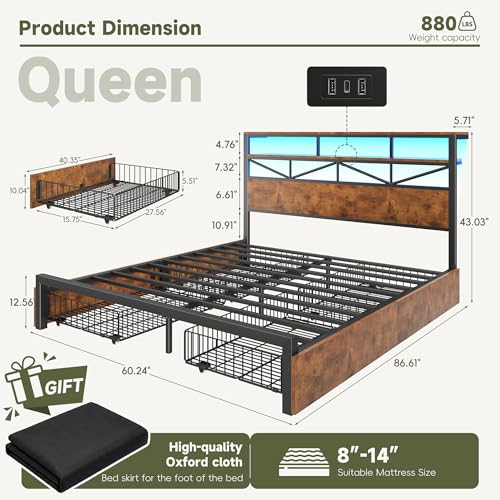 Image of Homkdom Queen Bed Frame with Large 4 Drawers, 2-Tier Shelf, LED Light and Charging Station, Heavy Duty Platform Bed with 880 lbs Capacity, Easy Assembly,Vintage Brown