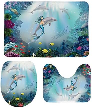 Top Carpenter Non-Slip 3 Piece Bathroom Rug Set Mermaid and Dolphin Undersea Soft Contour Rug + Toilet Lid Cover + Bath Mat Bathroom Decor