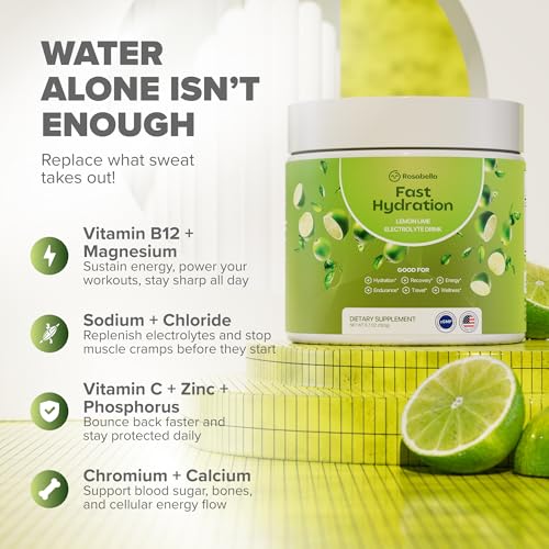 Image of Rosabella Electrolyte Drink Powder - Lemon Lime - Zero Sugar Hydration Supplement - Sodium, Potassium, Magnesium & Calcium - Keto Electrolytes Mix for Rapid Rehydration - 30 Servings (5.7 oz)