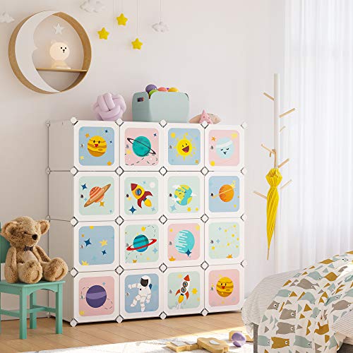 SONGMICS Kleiderschrank, DIY-Aufbewahrungsschrank, für hängende Kleidung, Aufbewahrung, für Kinder, mit 16 Würfeln, 4 Hängestangen, 123 x 41 x 123 cm, weiß LPC905W01