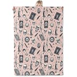 ICAAV Gothic Witchcore Flannel Blanket 50x60in,Skulls,Candles,Spell Books and Moons on Pink Background,Soft Lightweight Throw for Witches,Goth Aesthetic,Halloween Decor Gifts Blankets