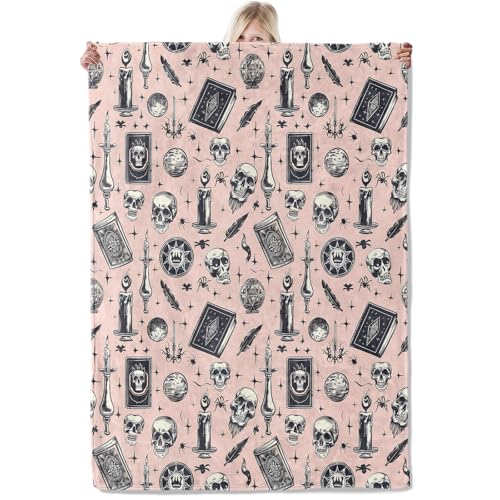 ICAAV Gothic Witchcore Flannel Blanket 50x60in,Skulls,Candles,Spell Books and Moons on Pink Background,Soft Lightweight Throw for Witches,Goth Aesthetic,Halloween Decor Gifts Blankets