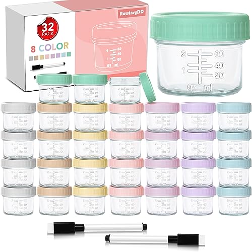 Image of RowinsyDD 32 Pack Glass Baby Food Storage Containers, 4 oz Leakproof Baby Food Jars with Lids, Small Glass Food Containers for Infant Baby Food, Freezer & Microwave Safe, BPA Free