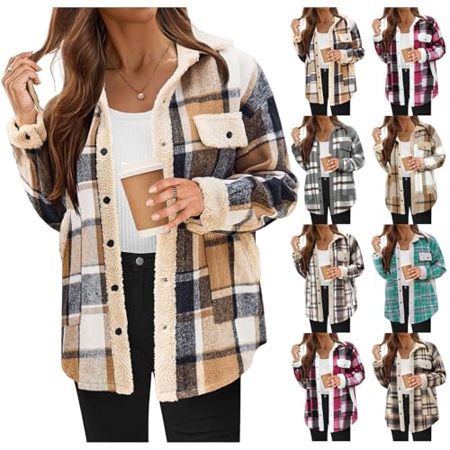 Women's Flannel Plaid Shacket Casual Long Sleeve Button Down Flannel Shirts Jacket Winter Coat for Warmth Fall Clothes4