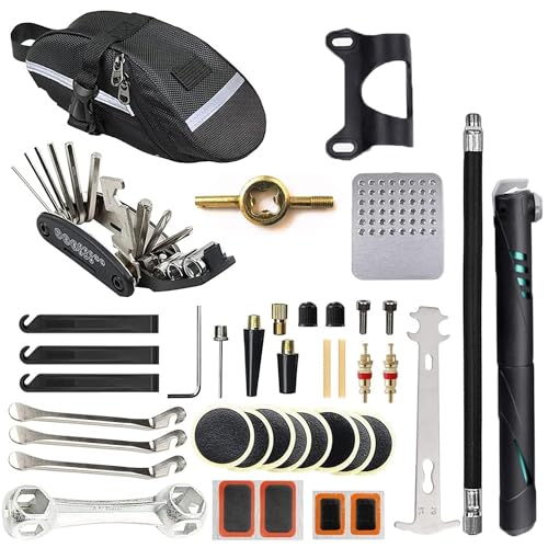 Fahrrad Reparaturset für Unterwegs: Fahrrad Flickzeug Set mit 16-in-1 Fahrrad Multitool, Fahrradreparatur Tasche und Fahrradpumpe für Mountainbike, Rennrad, Camping, Travel