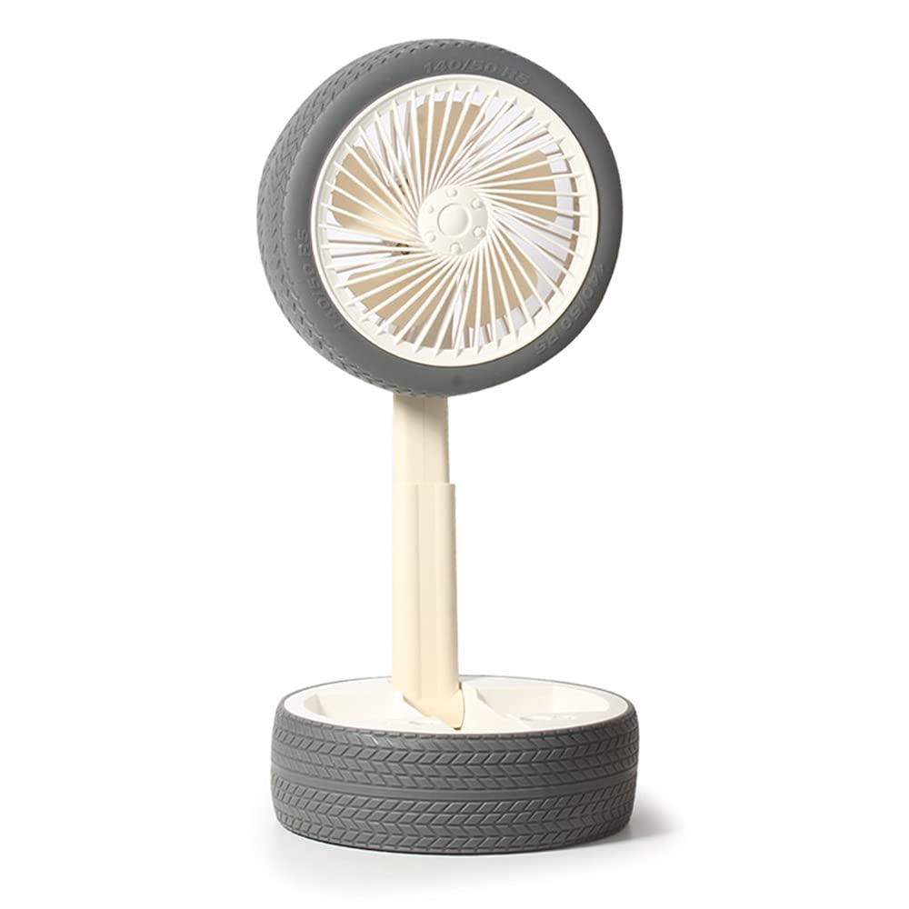 mini Fan,Simulation tire Retractable mini Fan with Light, Wheel Folding USB Desktop Small Fan-White