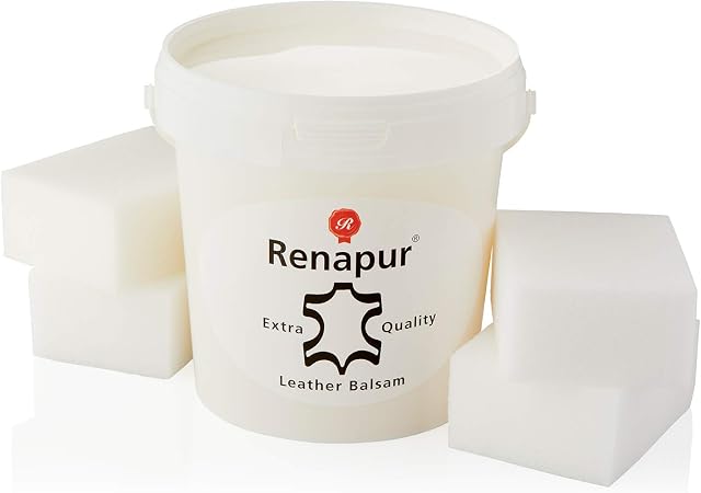 Renapur Leather Balsam, Natural Balm, Conditioner and Restorer (1 Litre Bucket + 4 Applicator Sponges)  Protector for Smooth and Semi-Aniline Leather Sofas, Car Interiors, Saddlery & Tack (Original)