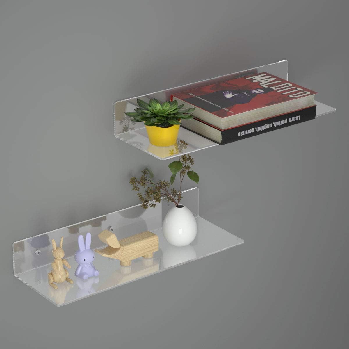 FEMELI Acrylic Floating Shelves 12-24 Inch, 2 PCS Clear Shelves for Plant Photo in Bedroom Living Room Office, Acrylic Shelves for Wall (17 Inch)