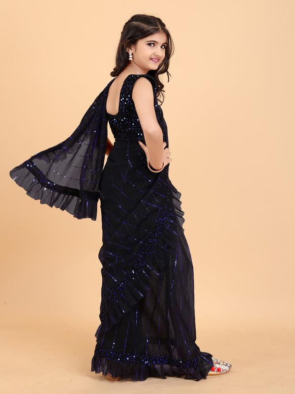 Image of Kids Supernet Tikli Work Ready to Wear Saree with Unstitched Blouse Piece | Traditional Ethnic Saree for Girls | Pre Stitched Festive Dress for School Function, Cultural Events & Wedding