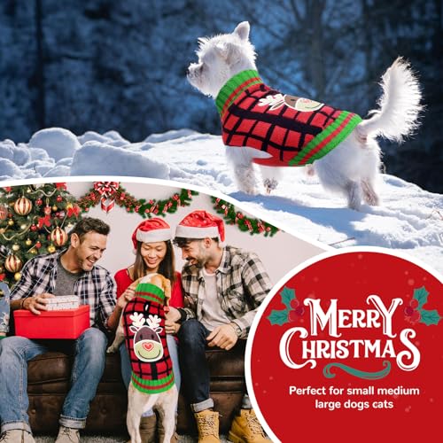 HRTTSY Dog Christmas Jumper with Harness Hole Red Plaid Elk Doggie Outfits Sweater for Small Medium Large Dogs Cats Warm Fall Winter Puppy Clothes Vest Pet Holiday New Year Costume - Image 2