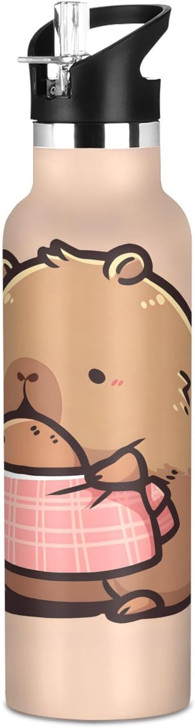 Cute Cartoon Capybara Insulated Water Bottle with Straw Lid,Vacuum Stainless Steel Mug Leakproof Tumbler Water Bottle for Sports Travel School,20oz