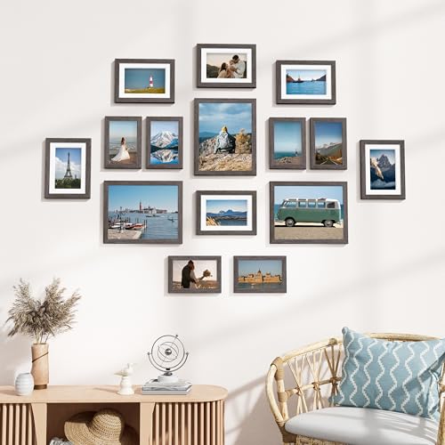 Image of Vittanly 15 Pack Picture Frames Collage Wall Decor for Mounting or Tabletop Display, Gallery Frame Set for Family, Multi Sizes Including 3pcs 8x10, 6pcs 5x7, 6pcs 4x6, Rustic Grey