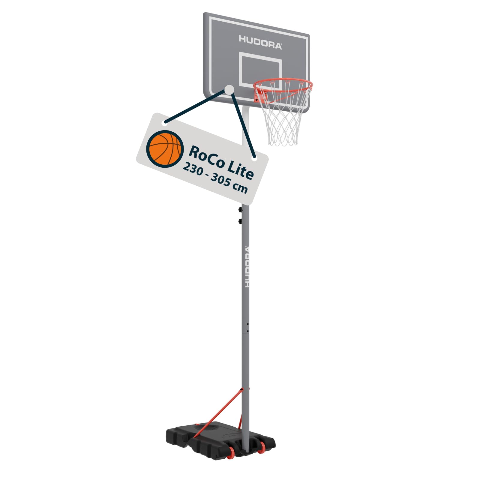 HUDORA Basketballständer RoCo 305 Lite - Höhenverstellbarer Basketballkorb - geeignet für Indoor und Outdoor - für Kinder und Jugendliche - Basketball Korb mit Ständer - Shadow, grau