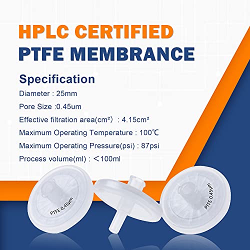 Image of Syringe Filters PTFE Hydrophobic Membrane 25 mm Diameter 0.22 um Pore Size Filtration for Scientic Lab Pack of 20