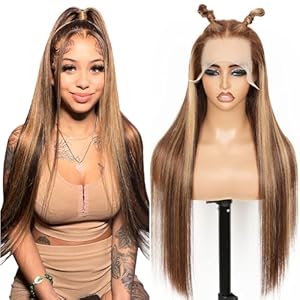 Highlight Honey Blonde Straight Human Hair Wig 13×4 HD Transparent Lace Front Wigs Human Hair,4/27 Ombre 210 Density Real Hair Wigs for Women Pre Plucked Natural Hairline 24Inch with Baby Hair