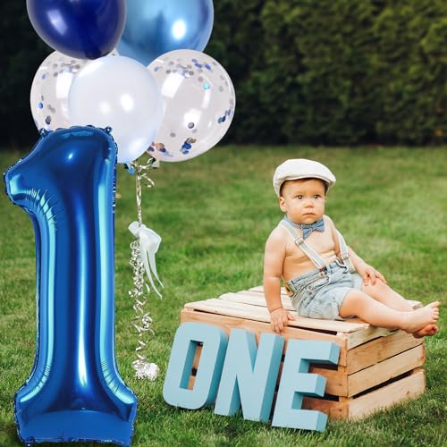 Image of Dark Blue Number 1 Balloon 40 Inch, Large Balloon 1 with Metallic Light Navy Blue Silver Confetti Balloon, Self Inflating Helium Foil One Balloons for Boys 1st Birthday Party Baby Shower Decorations