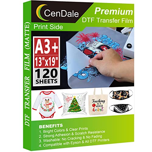 CenDale DTF Transfer Film A3+ 13x19 - 120 Sheets Double-Sided Matte DTF Film for Sublimation Hack Direct to Film Printing on All Fabric and Colors T-Shirts Textile Hot & Cold Peel DTF Paper