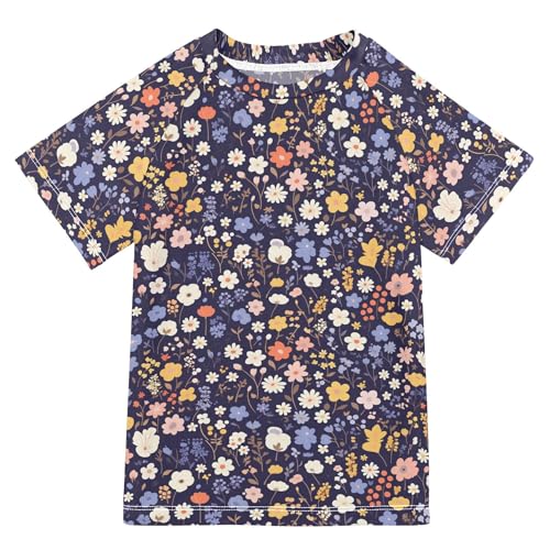 Flower Dark Blue Kids Bathing Suits Girls Sun Protection T Shirts Swimwear Beach Tops 3T