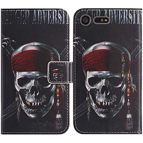 TienJueShi Skull Book-Stand Cuir Housse Coque Etui Cas Couverture Protecteur Case Cover TPU Silicone pour Sony Xperia X Compact 4.6 inch