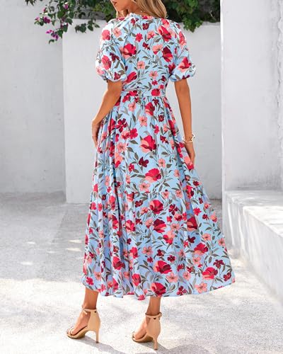 BTFBM Women Summer Fall Boho Maxi Dress Casual Floral Puff Short Sleeve V Neck Button Belt Flowy Beach Vacation Dresses3