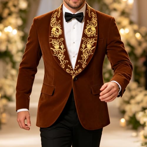 DAMANGUAN Men's Velvet Blazer, Gold Embroidered Suit Jacket, Black Tuxedo for Wedding Party Prom (US, Alpha, Large, Regular, Regular, Brown) - image 3