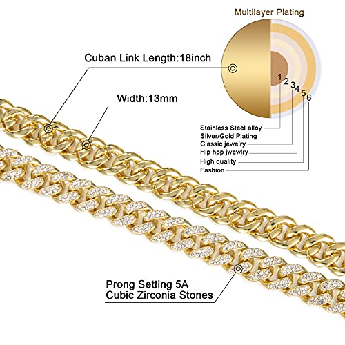 FEEL STYLE Mens Cuban Link Chain Gold Silver Plated Bling Miami Cuban Necklace Chain for Men 13MM Iced Out Hip Hop Jewelry 18-24inch (Gold, 18inch) by FEEL STYLE - Image 4