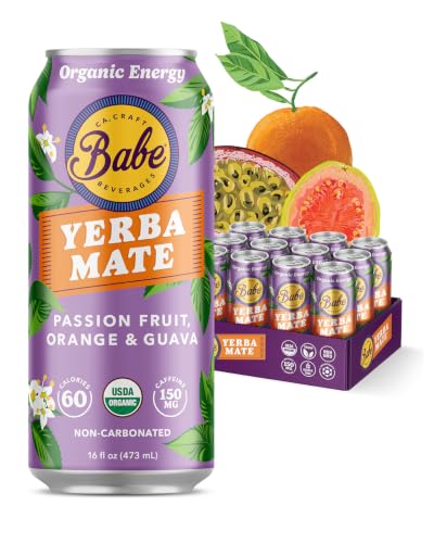 Babe Organic Yerba Mate Energy Drinks | 150mg Plant-Based Caffeine | Natural Yerba Mate Tea with No Crash, No Jitters - Passion Fruit Orange Guava (12 x 16oz Cans)