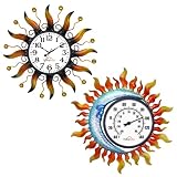 HOBYLUBY 13'' Outdoor Thermometer and Clock for Patio, Decorative Wall-Mounted Thermometer and Clock