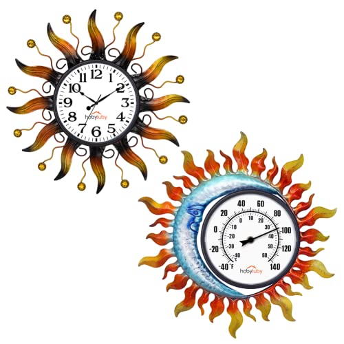 Hobyluby 13'' Outdoor Thermometer And Clock For Patio, Decorative Wall-Mounted Thermometer And Clock Silent Non-Ticking For Garden, Home Decor #TOP6
