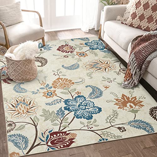 Royhome Large Machine Washable Area Rug For Living Room Modern Floral Area Rug Non Slip Non Shedding Vintage Boho Flower Area Rug For Kitchen Bedroom Dining Room, 8'X10', Multi-Color #TOP2