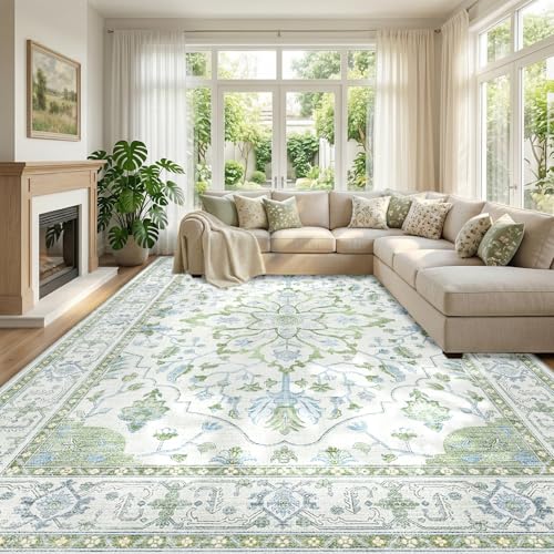 RELEANY Washable Area Rug, Large 9'x12', Green/White/Blue